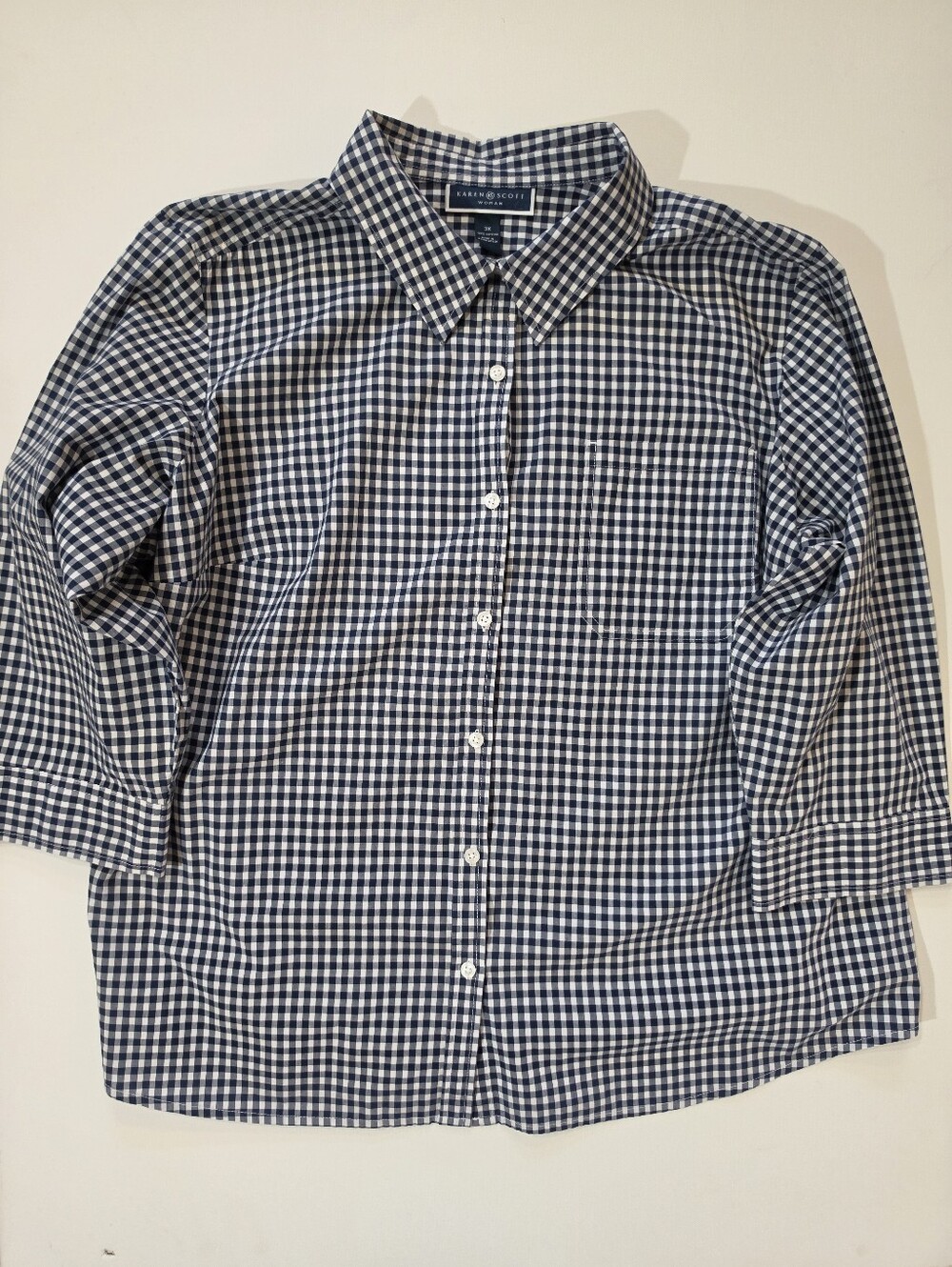 Karen Scott Woman Button Down Shirt Size 3X Blue White Gingham Coastal Chic